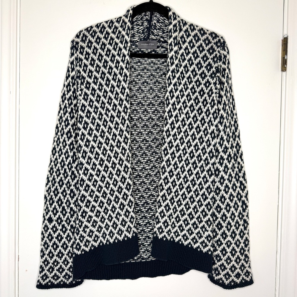 Wooden Ships Paola Buendia Navy White Diamond Knit Open Front Cardigan SM